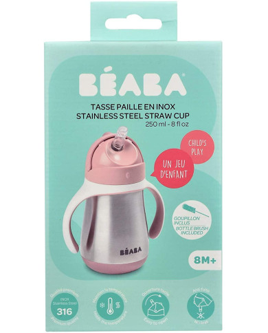 BEABA METALINĖ GERTUVĖ SU ŠIAUDELIU, 250 ML, OLD PINK