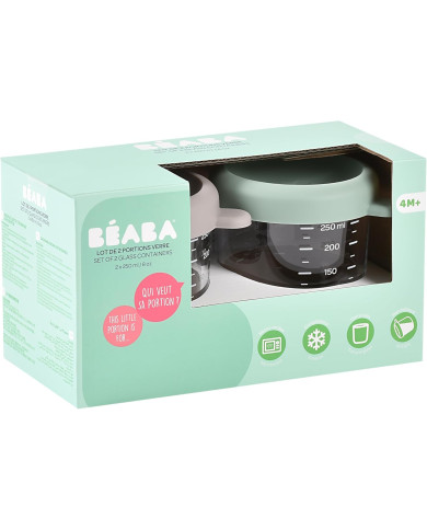 BEABA 2 VNT. STIKLINIŲ INDELIŲ RINKINYS (250 ML), SAGE GREEN/GREY