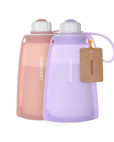 MOMCOZY DAUGKARTINIAI SILIKONINIAI PIENO LAIKYMO MAIŠELIAI, 2 VNT. VIOLETINIS IR RAUSVAS