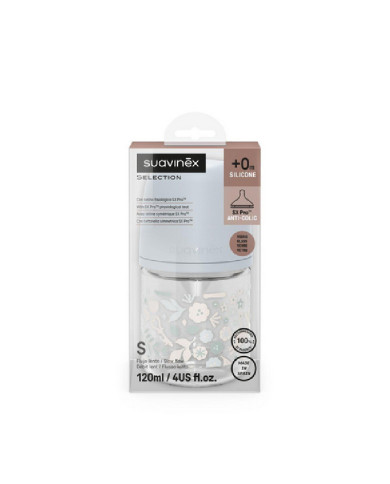 SUAVINEX STIKLINIS ANTI-COLIC BUTELIUKAS SX PRO SU LĖTOS SROVĖS  FIZIOLOGINIU ŽINDUKU, 120 ML, NUO 0 MĖN., WONDERLAND BLUE