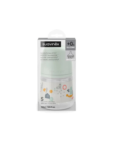 SUAVINEX ANTI-COLIC BUTELIUKAS SX PRO SU LĖTOS SROVĖS (S) FIZIOLOGINIU ŽINDUKU, 150 ML, NUO 0 MĖN., WALK GREEN