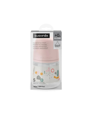 SUAVINEX ANTI-COLIC BUTELIUKAS SX PRO SU LĖTOS SROVĖS (S) FIZIOLOGINIU ŽINDUKU, 150 ML, NUO 0 MĖN., WALK PINK