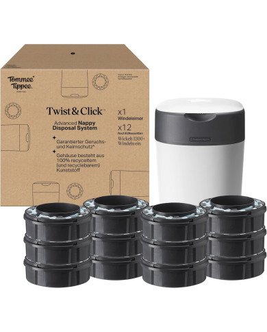 TOMMEE TIPPEE TWIST AND CLICK ADVANCED SAUSKELNIŲ KONTEINERIO IR 12 VNT. KASEČIŲ RINKINYS, WHITE