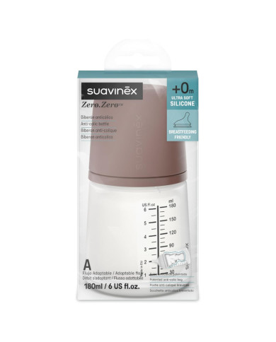 SUAVINEX ZERO ZERO ANTI-COLIC BUTELIUKAS SU REGULIUOJAMOS SROVĖS ŽINDUKU, 180 ML, NUO +0 MĖN., DEEP