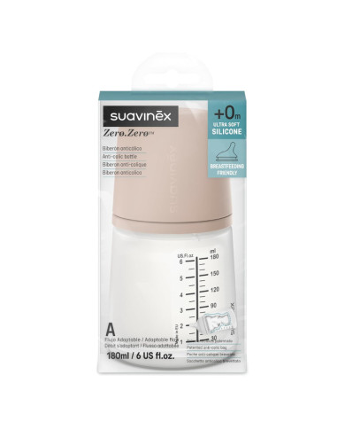 SUAVINEX ZERO ZERO ANTI-COLIC BUTELIUKAS SU LĖTOS SROVĖS ŽINDUKU, 180ML, NUO +0 MĖN., MEDIUM