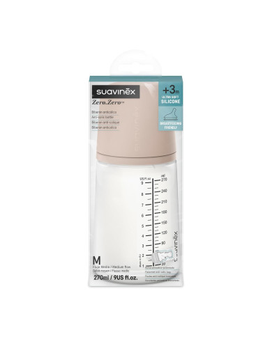 SUAVINEX ZERO ZERO ANTI-COLIC BUTELIUKAS SU VIDUTINĖS SROVĖS ŽINDUKU, 270 ML, NUO +3 MĖN., DEEP