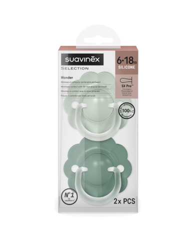 SUAVINEX FIZIOLOGINIS ČIULPTUKAS SX PRO WONDER, 6-18 MĖN., SOFT/DEEP GREEN, 2 VNT.