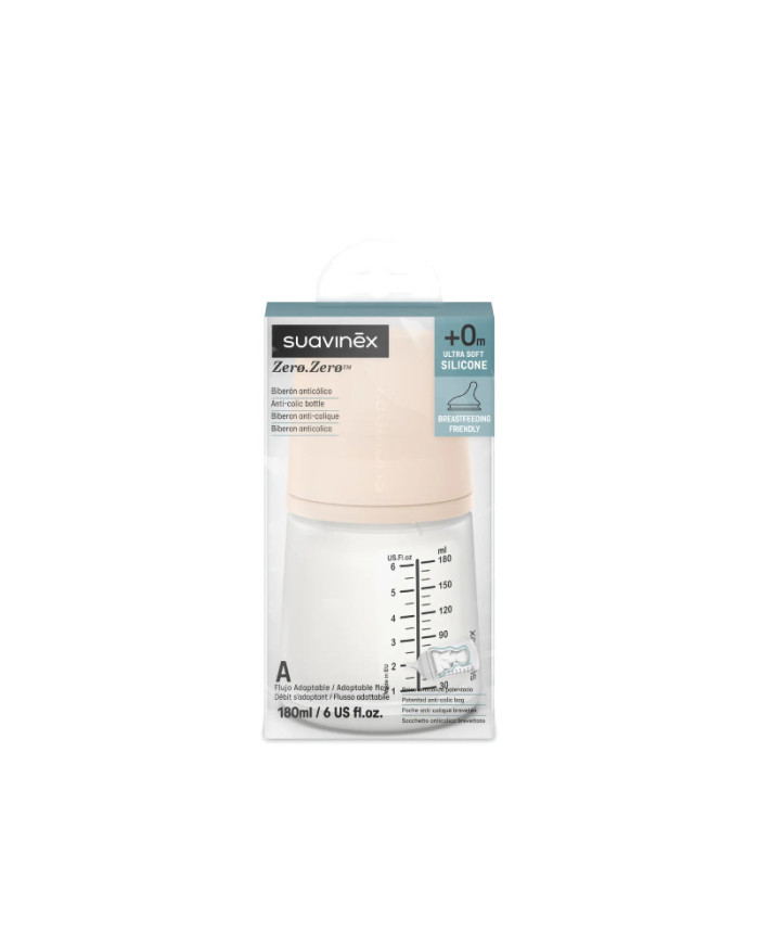 SUAVINEX ZERO ZERO ANTI-COLIC BUTELIUKAS SU LĖTOS SROVĖS ŽINDUKU, 180ML, NUO +0 MĖN., FAIR
